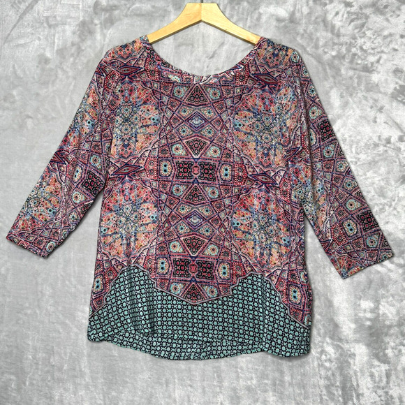 Maeve Anthropologie Top Womens 6 Blue Pink Mixed Print Silk Back Button Closure - Picture 1 of 10